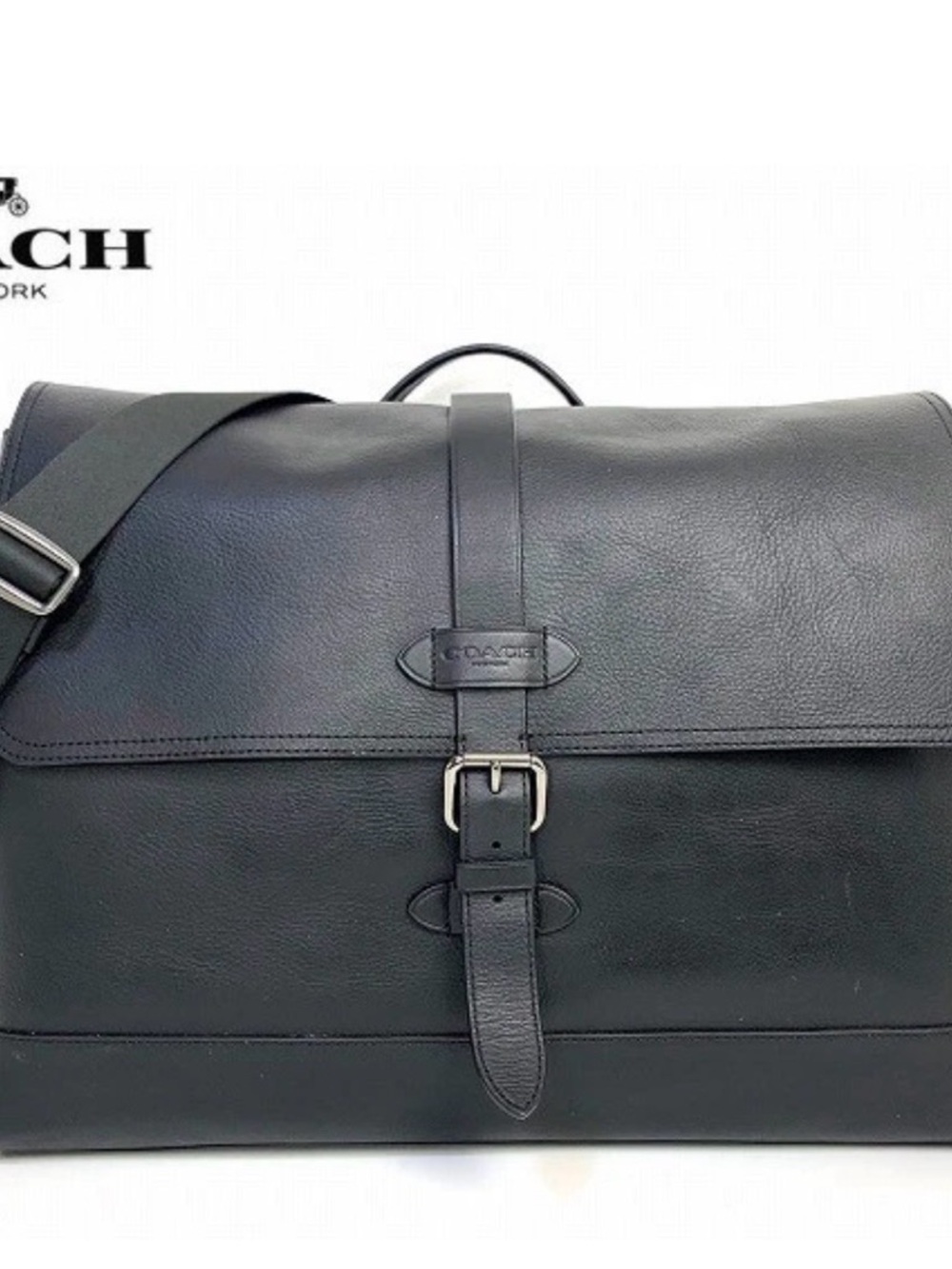 Coach Black Leather Buckle-Front Messenger Bag